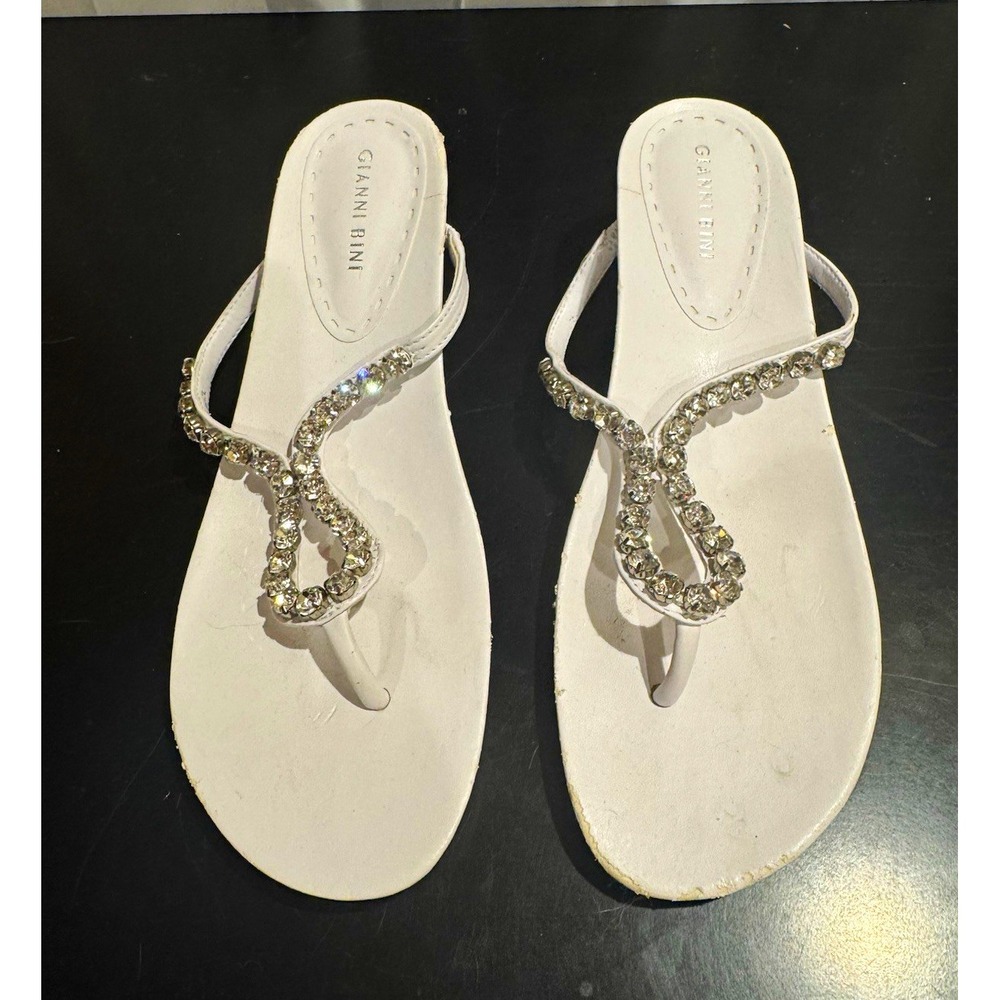 Gianni Bini White Leather Rhinestone Thong Slip-On Sandals Women's US 11